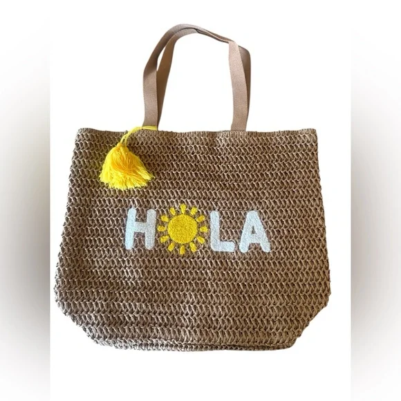 Hola NEW Sun Beach Bag Woven Tote Bag with Yellow Tassel - Picture 7 of 7